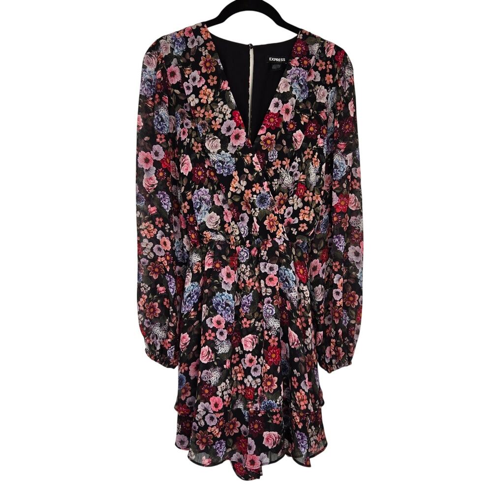 Express Feminine Floral Ruffle Wrap Front Romper Sheer Sleeve Black Multi Size M